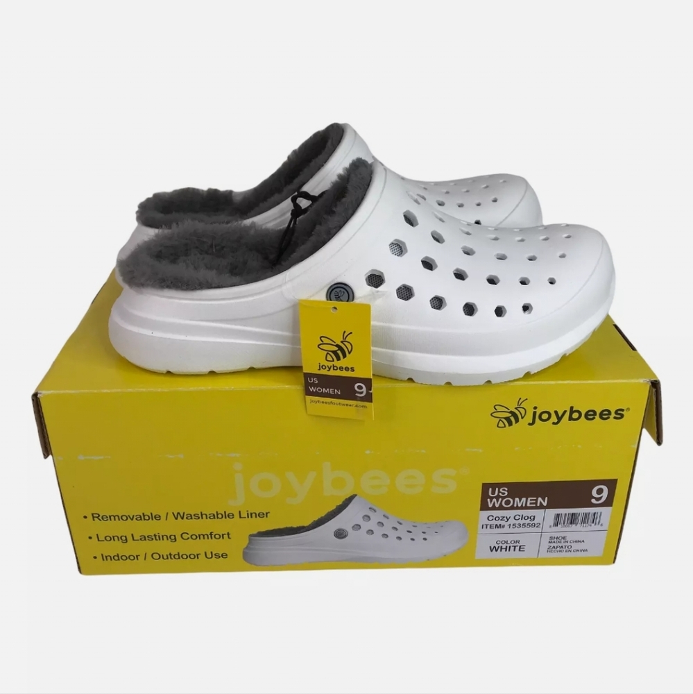 Joybees Clog Women's Shoe White Faux Fur Lined Comfort Cozy Slip On